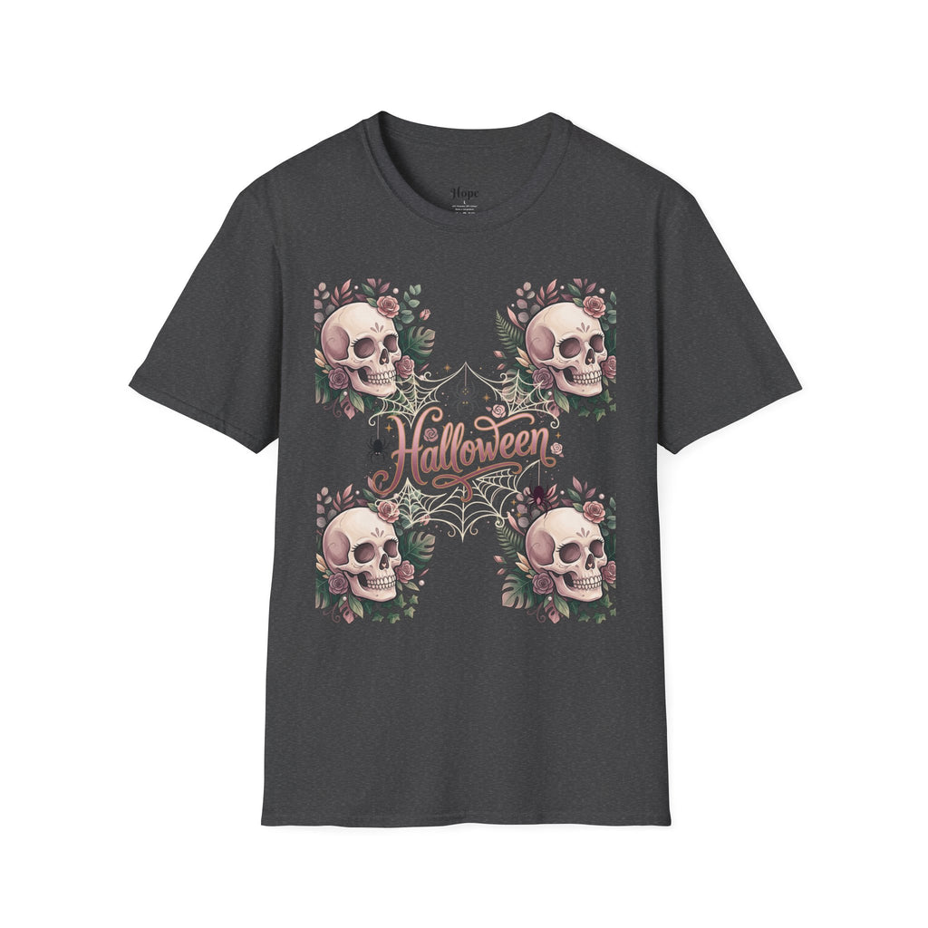 Halloween Skull Floral T-Shirt — Retro Script "Halloween" Tee