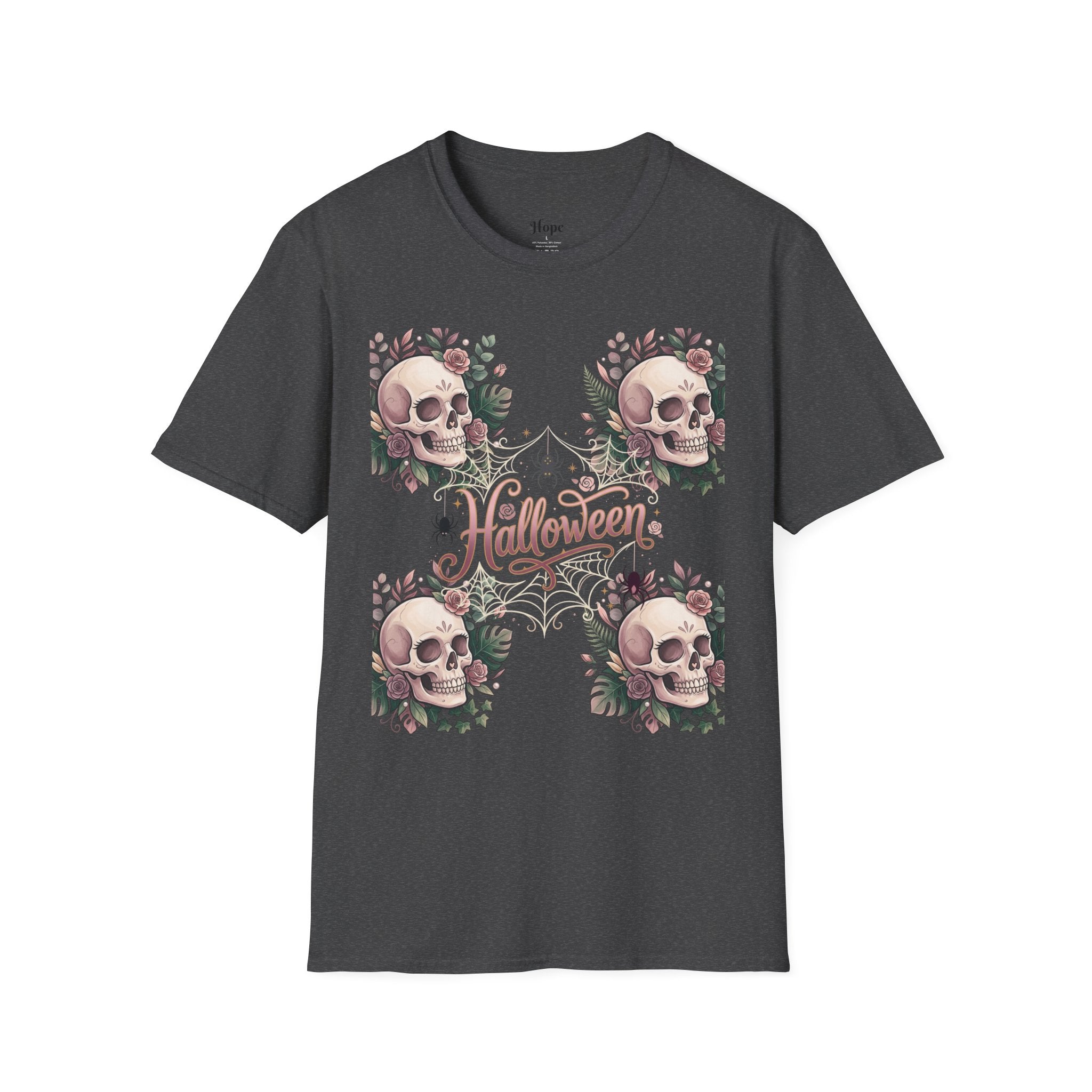 Halloween Skull Floral T-Shirt — Retro Script "Halloween" Tee