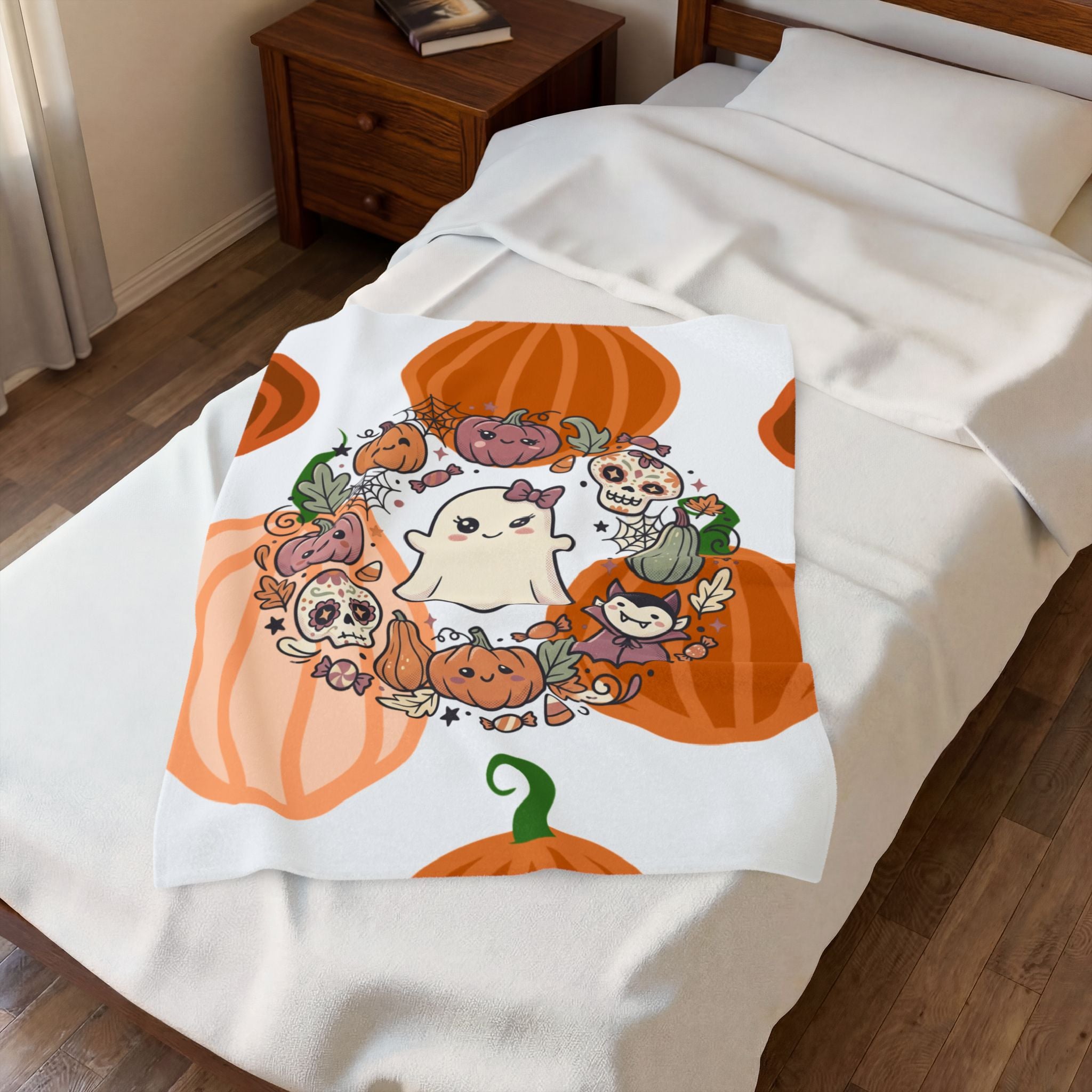 Halloween Ghost Plush Blanket — Cute Pumpkin & Sugar Skull Fall Throw