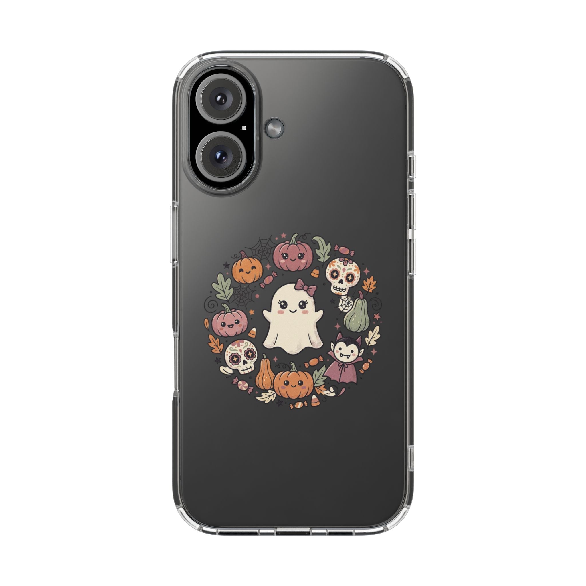 Halloween Ghost Wreath Clear Phone Case — Cute Pumpkin & Skull iPhone Cover