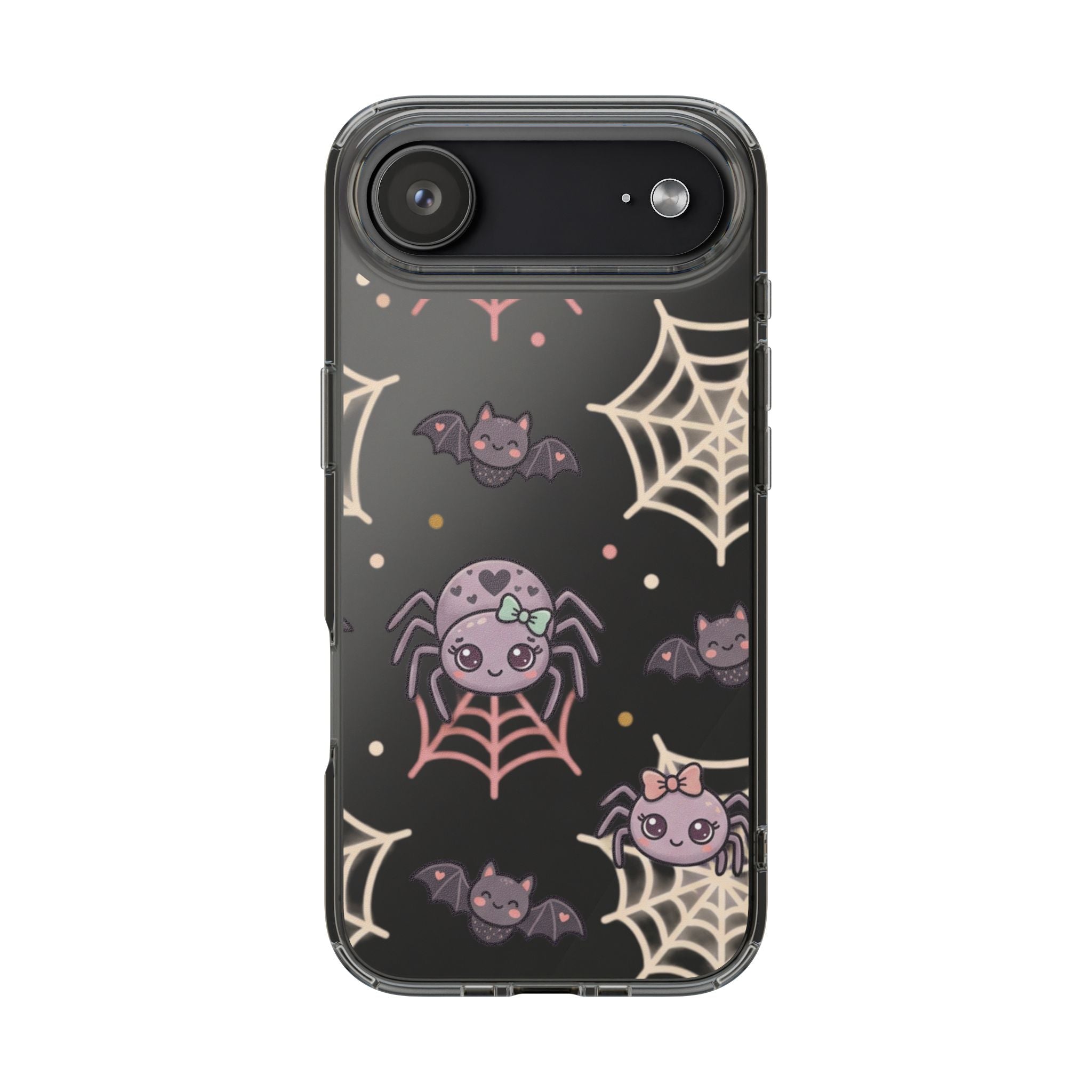 Cute Halloween Spider Clear Impact Phone Case — Kawaii Spider & Bat Halloween Design