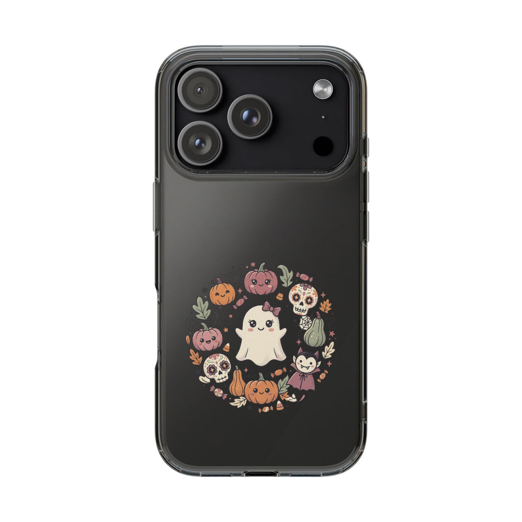 Halloween Ghost Wreath Clear Phone Case — Cute Pumpkin & Skull iPhone Cover