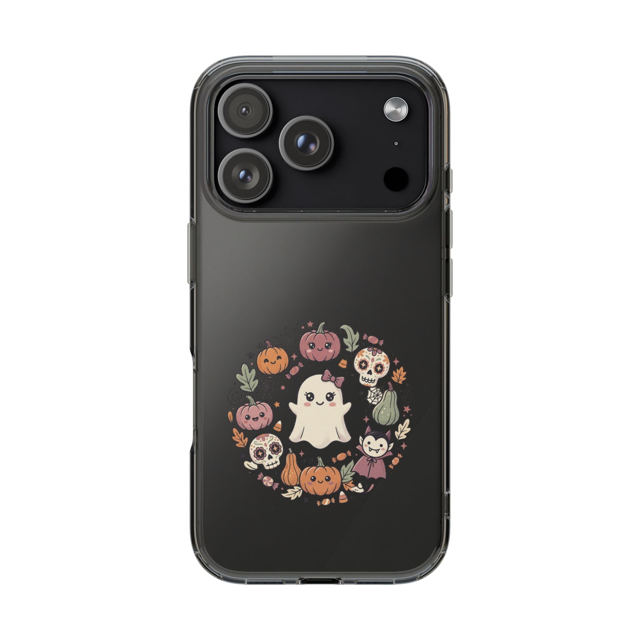 Halloween Ghost Wreath Clear Phone Case — Cute Pumpkin & Skull iPhone Cover