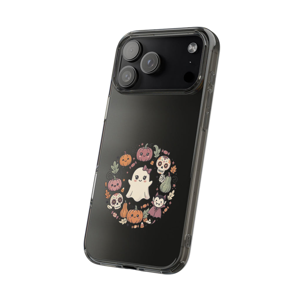 Halloween Ghost Wreath Clear Phone Case — Cute Pumpkin & Skull iPhone Cover