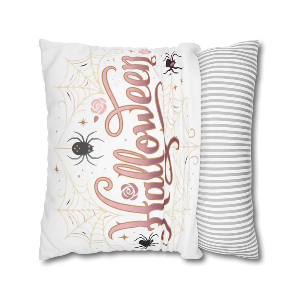 Halloween Decorative Pillowcase — Pink Script "Halloween" with Spiders & Webs
