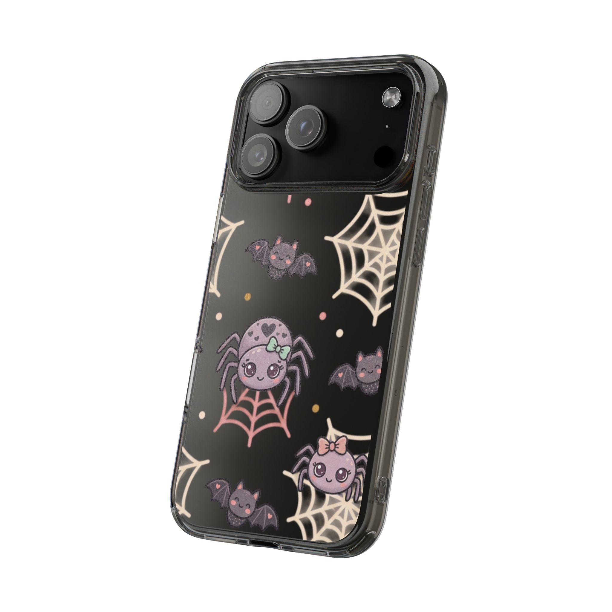 Cute Halloween Spider Clear Impact Phone Case — Kawaii Spider & Bat Halloween Design